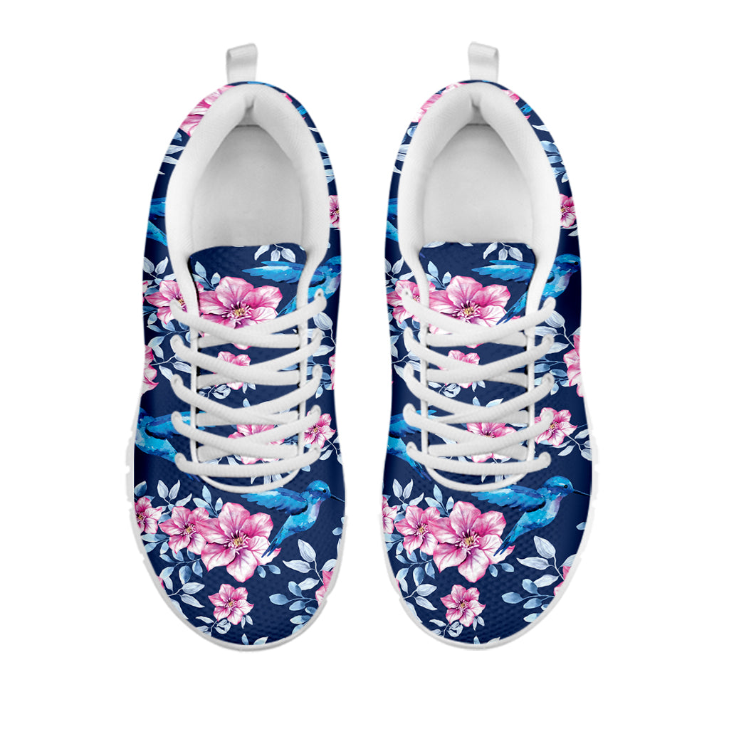 Pink Flowers And Hummingbird Print White Sneakers