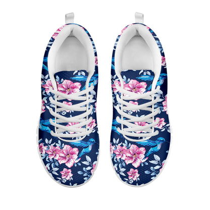 Pink Flowers And Hummingbird Print White Sneakers