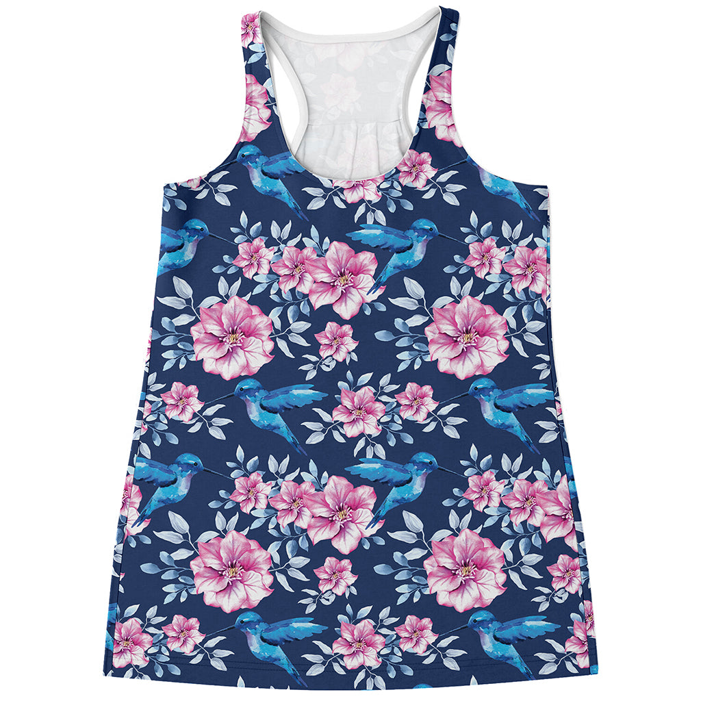 Pink Flowers And Hummingbird Print Women's Racerback Tank Top