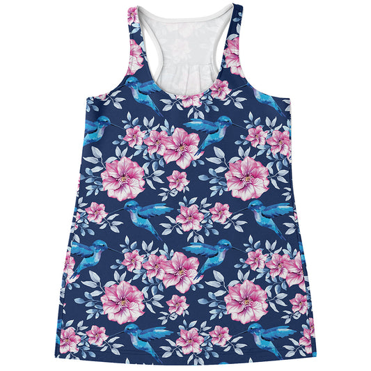 Pink Flowers And Hummingbird Print Women's Racerback Tank Top