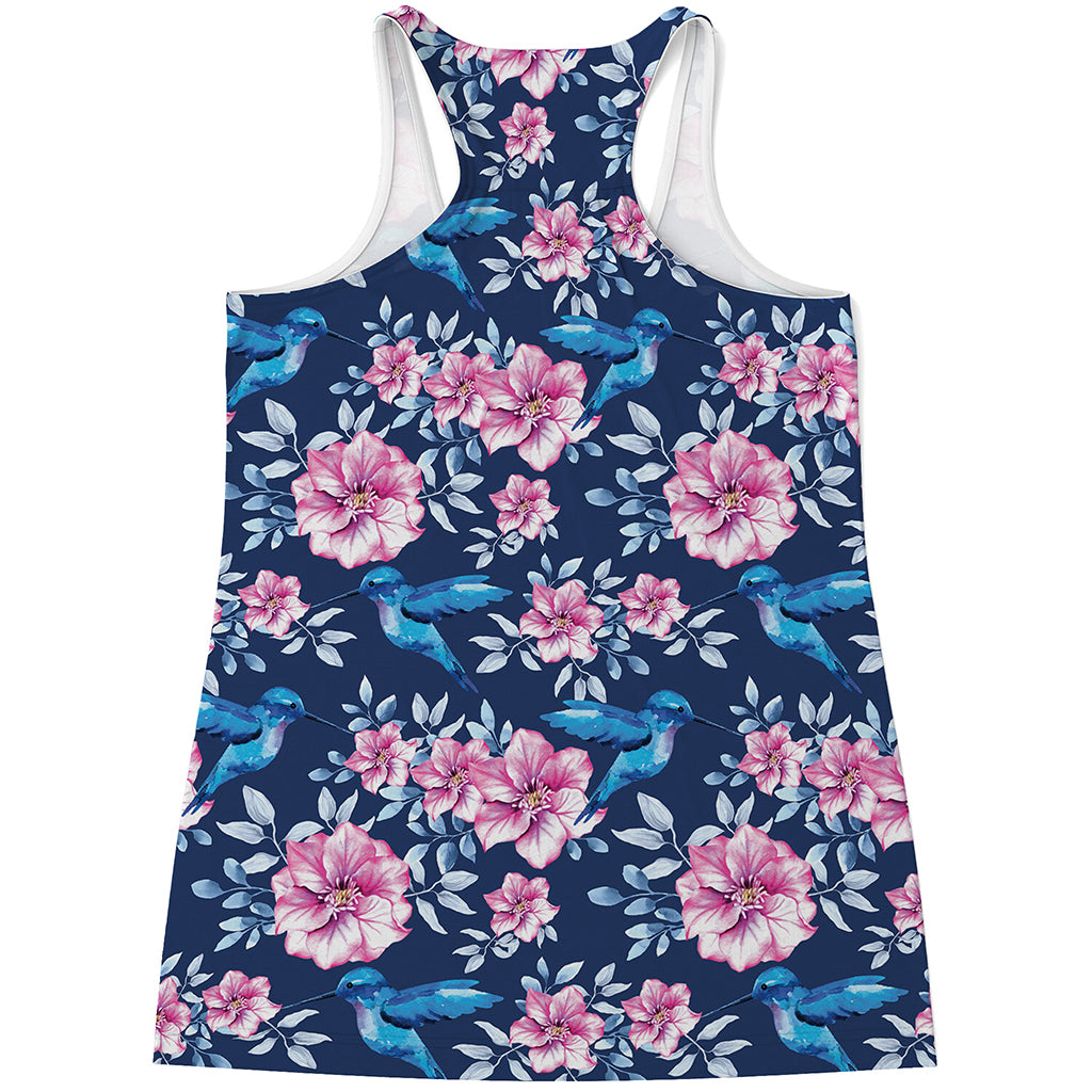 Pink Flowers And Hummingbird Print Women's Racerback Tank Top
