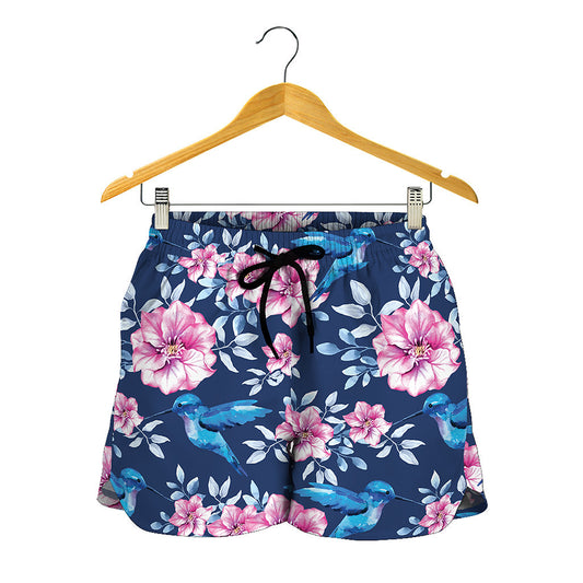 Pink Flowers And Hummingbird Print Women's Shorts