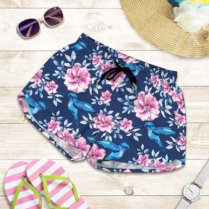 Pink Flowers And Hummingbird Print Women's Shorts