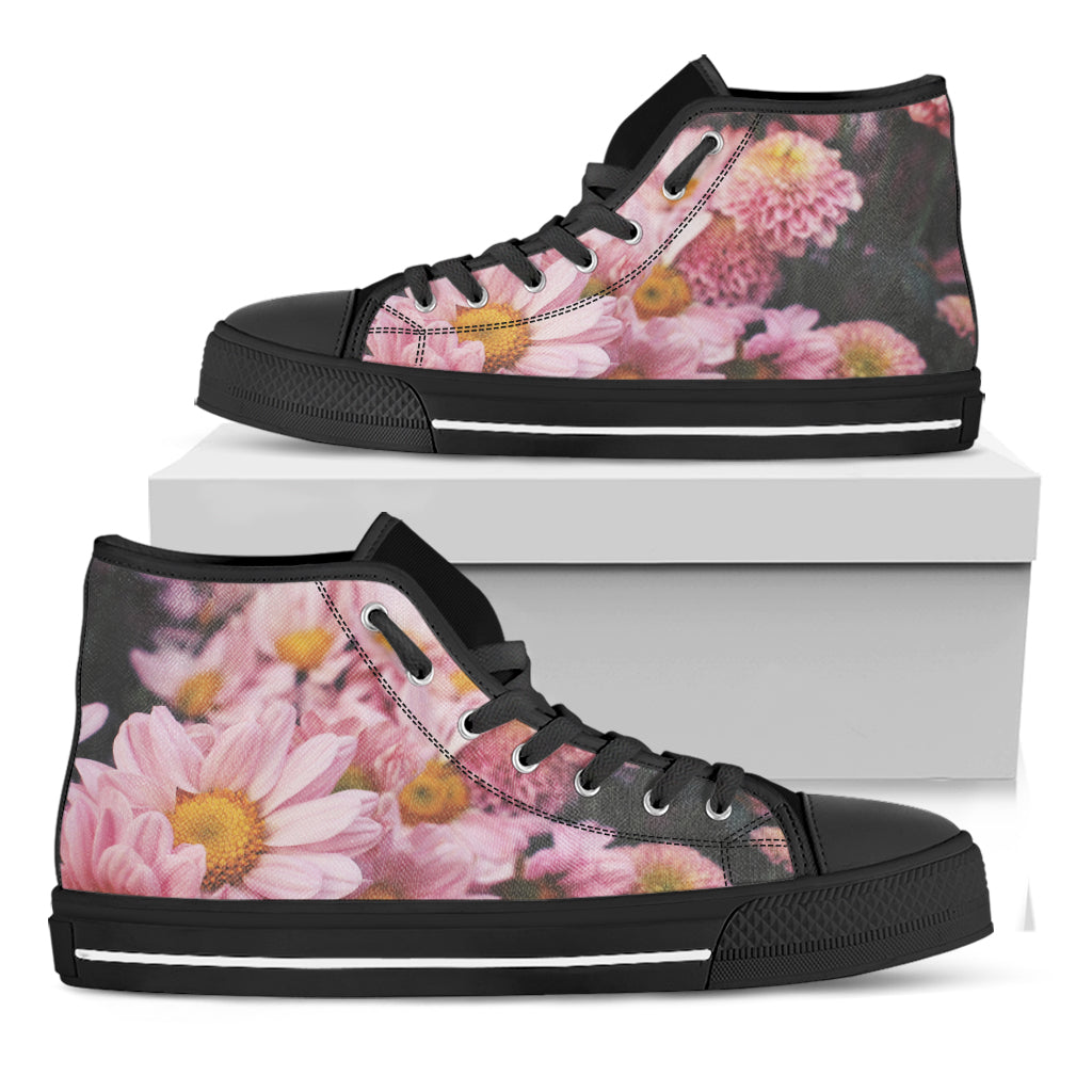 Pink Flowers Print Black High Top Shoes