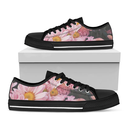 Pink Flowers Print Black Low Top Shoes