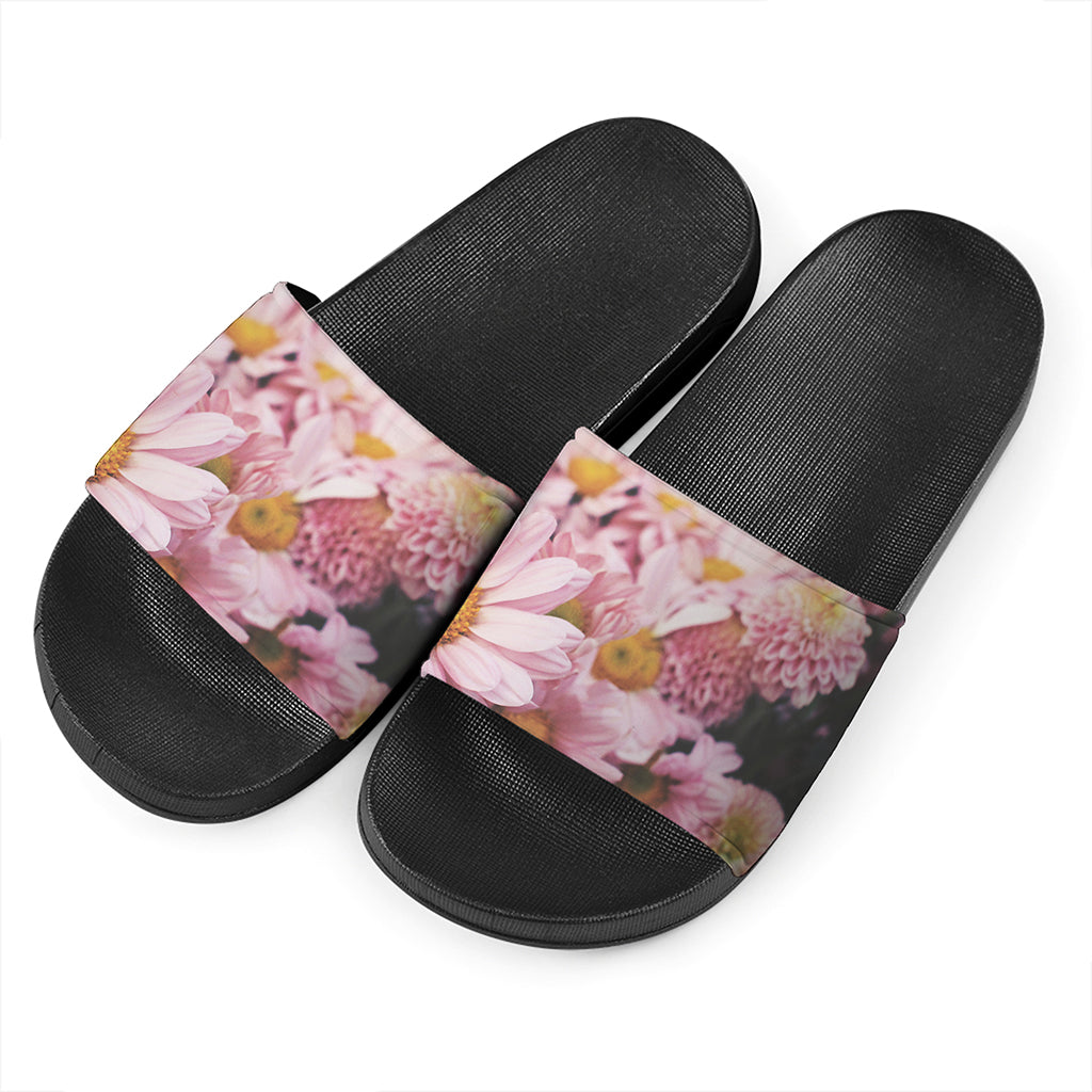 Pink Flowers Print Black Slide Sandals