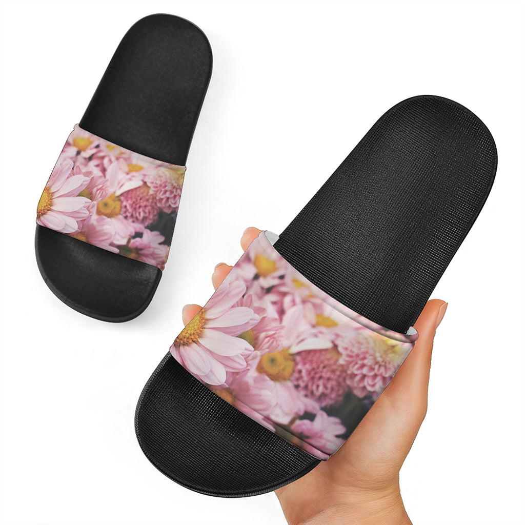 Pink Flowers Print Black Slide Sandals
