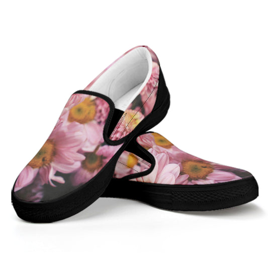Pink Flowers Print Black Slip On Shoes
