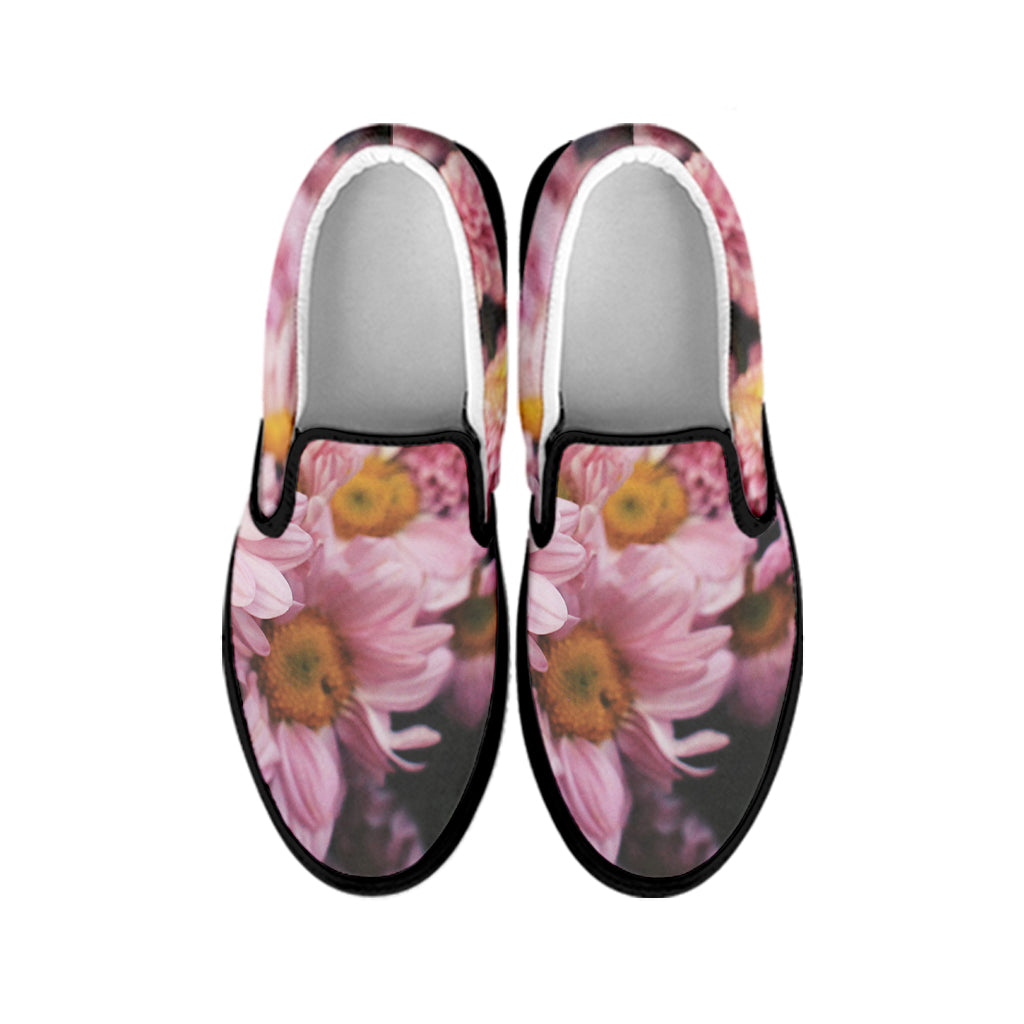 Pink Flowers Print Black Slip On Shoes