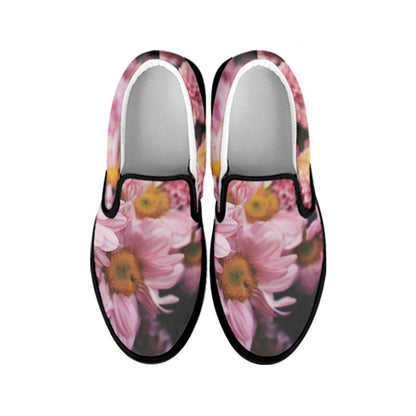 Pink Flowers Print Black Slip On Shoes