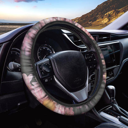 Pink Flowers Print Car Steering Wheel Cover