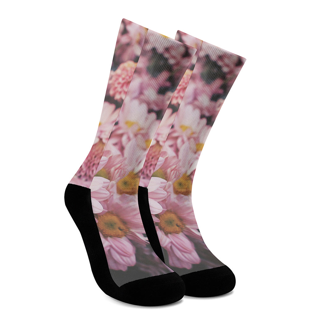 Pink Flowers Print Crew Socks