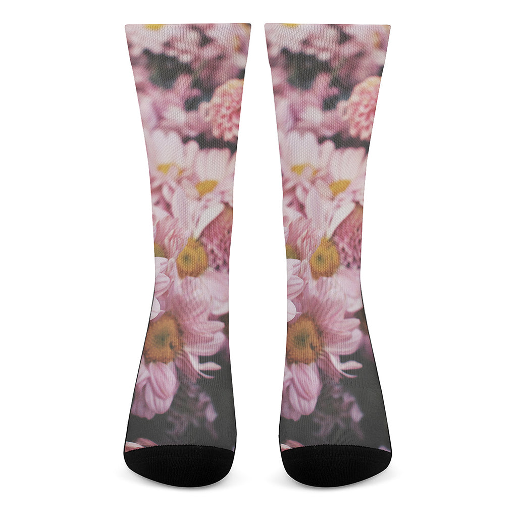 Pink Flowers Print Crew Socks