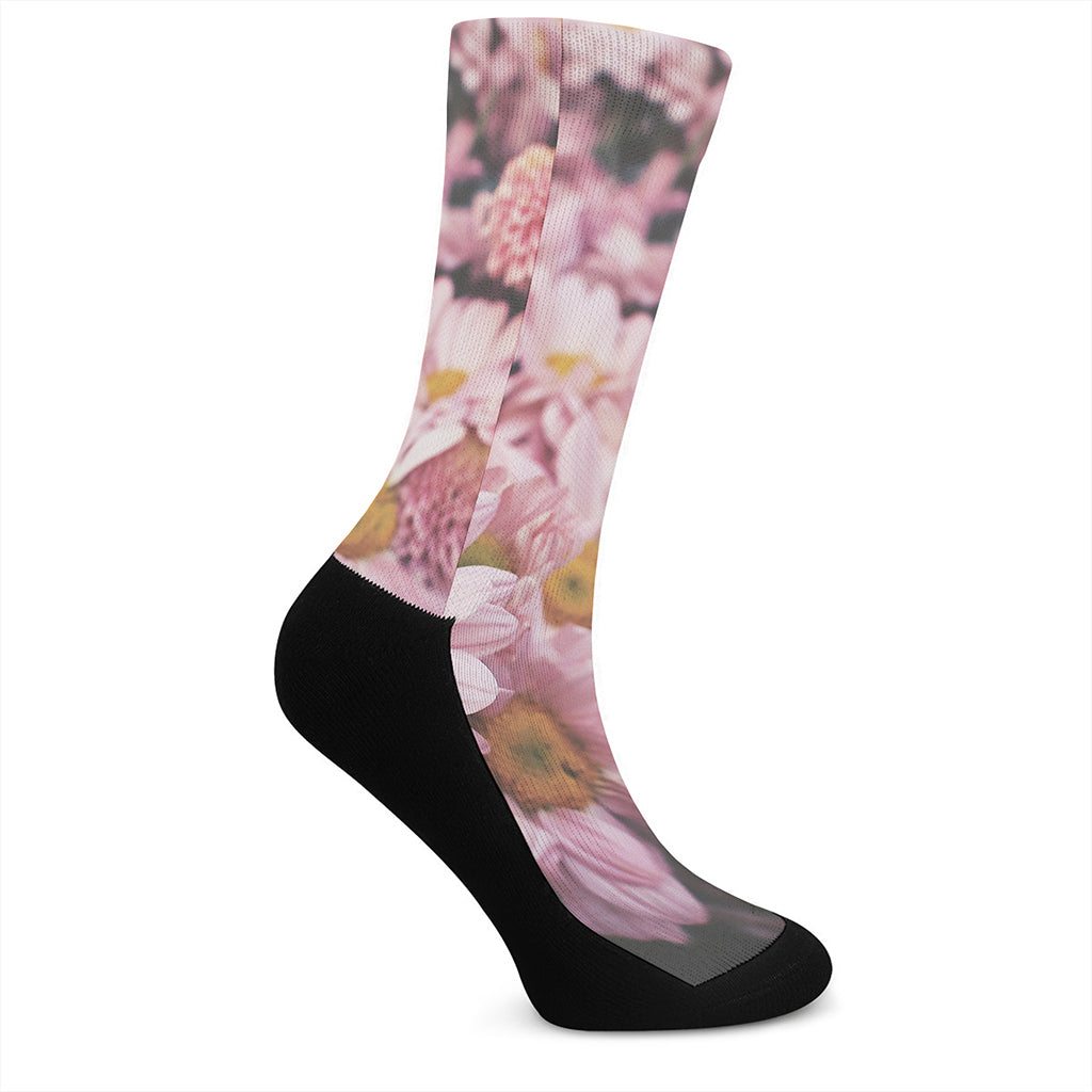 Pink Flowers Print Crew Socks