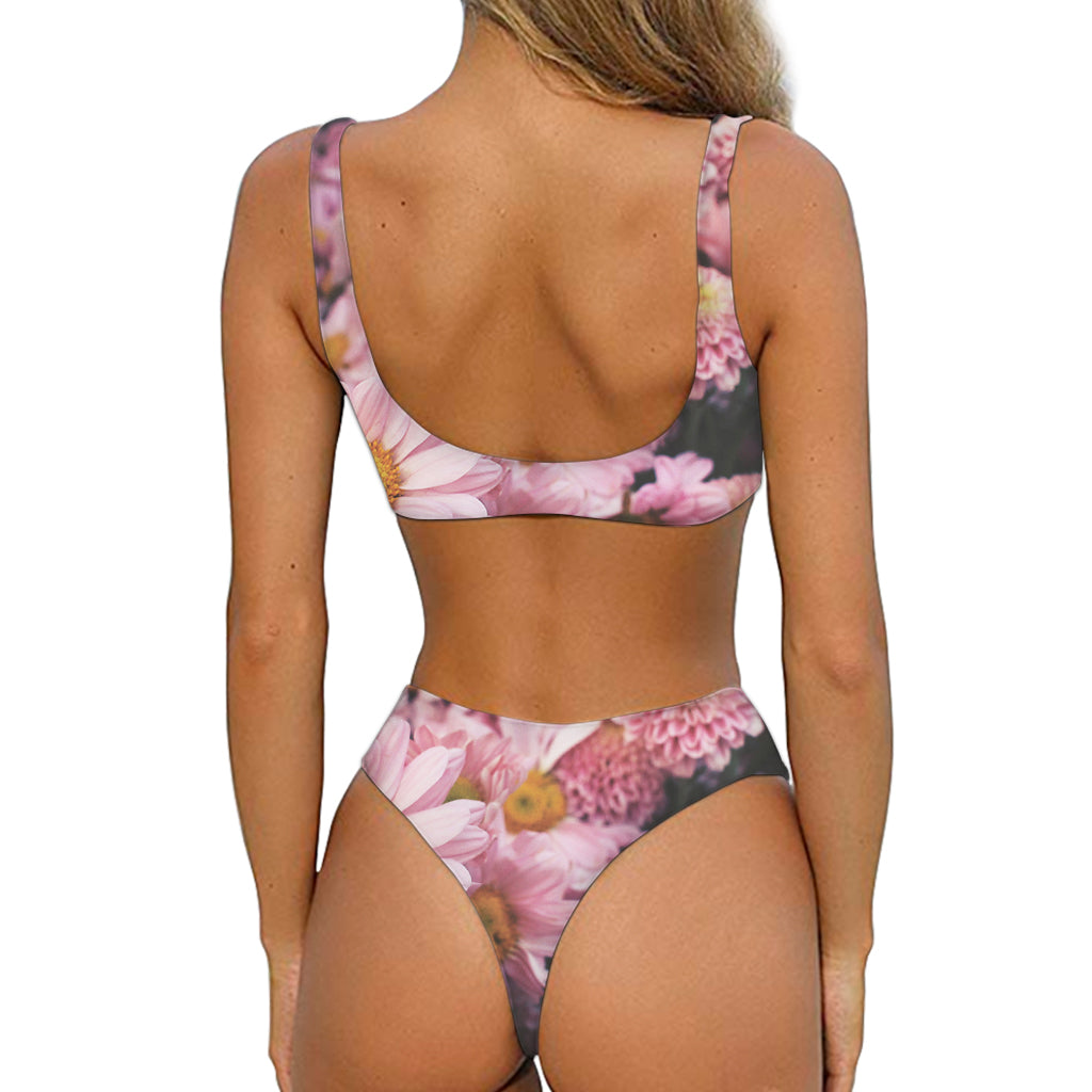 Pink Flowers Print Front Bow Tie Bikini
