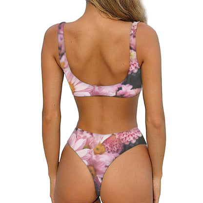 Pink Flowers Print Front Bow Tie Bikini