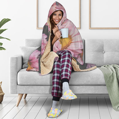 Pink Flowers Print Hooded Blanket