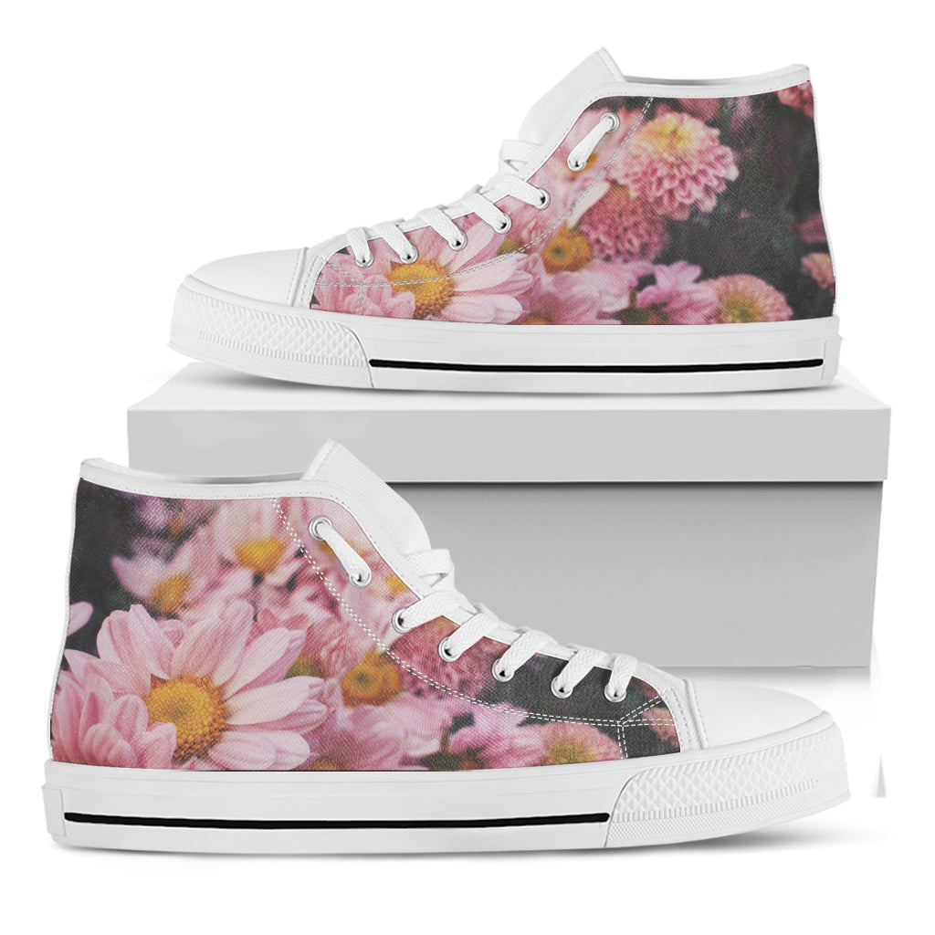 Pink Flowers Print White High Top Shoes