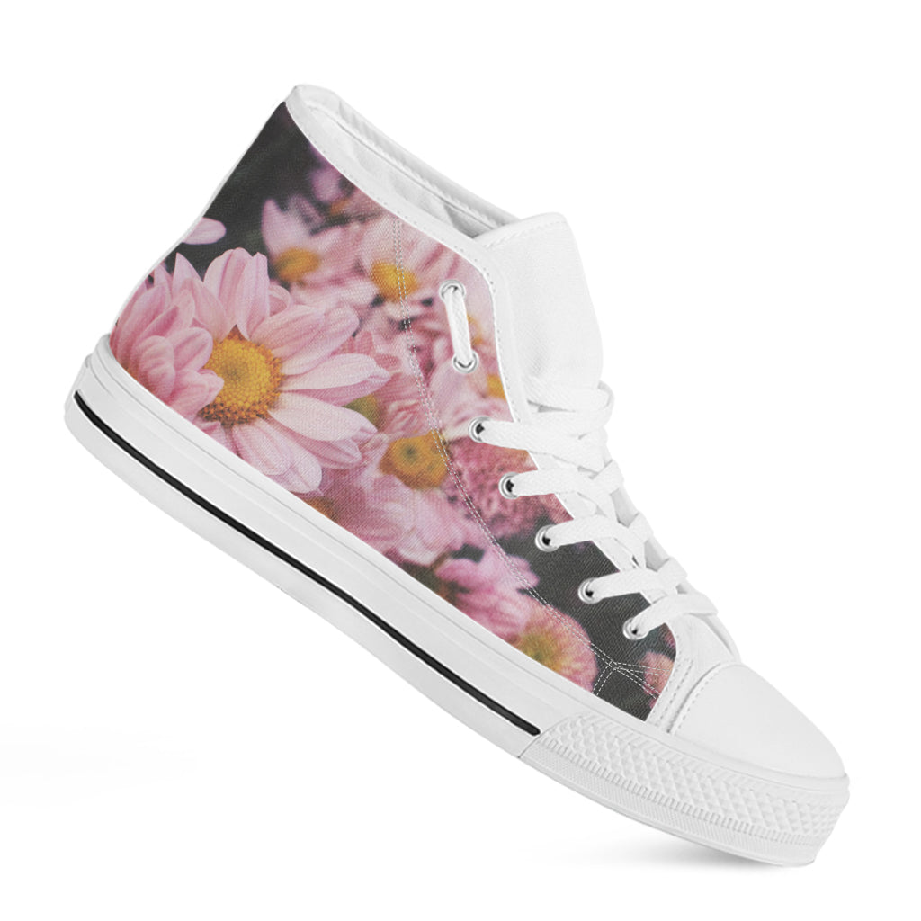 Pink Flowers Print White High Top Shoes