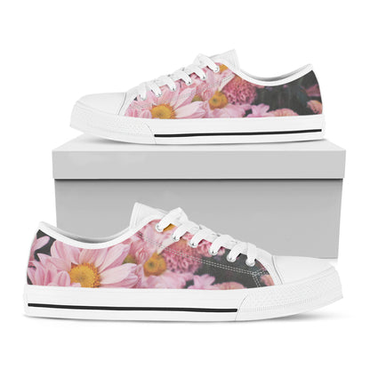 Pink Flowers Print White Low Top Shoes