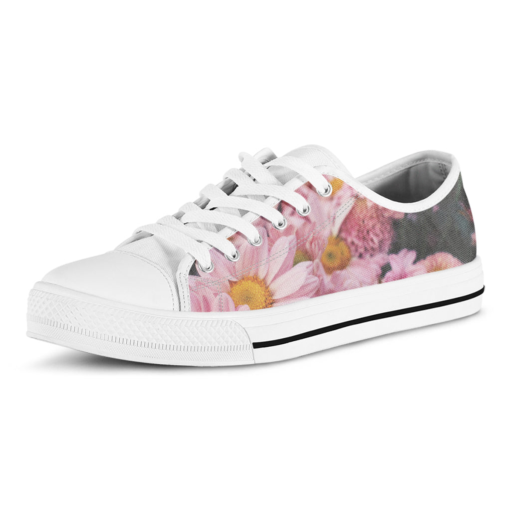 Pink Flowers Print White Low Top Shoes