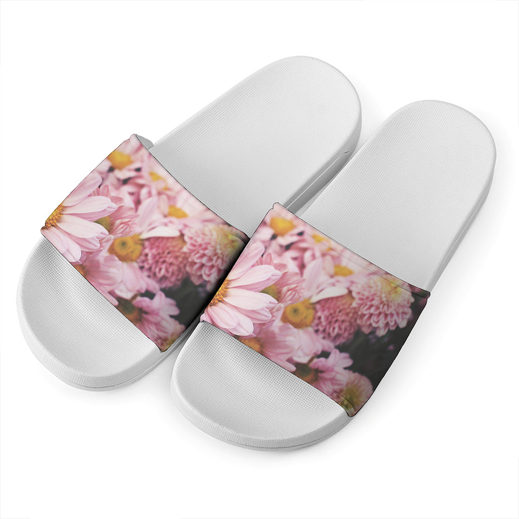 Pink Flowers Print White Slide Sandals