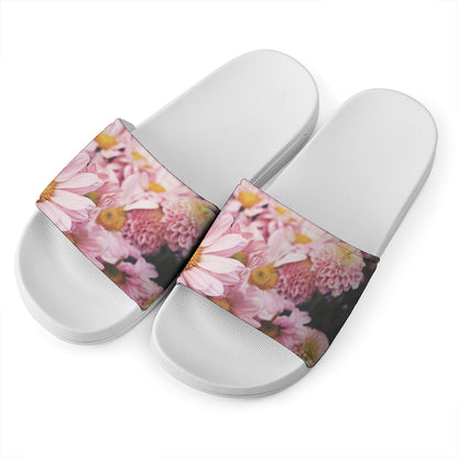 Pink Flowers Print White Slide Sandals
