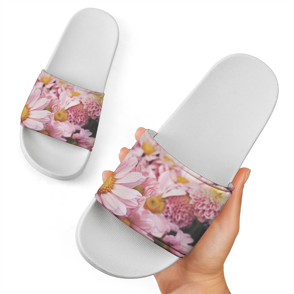 Pink Flowers Print White Slide Sandals