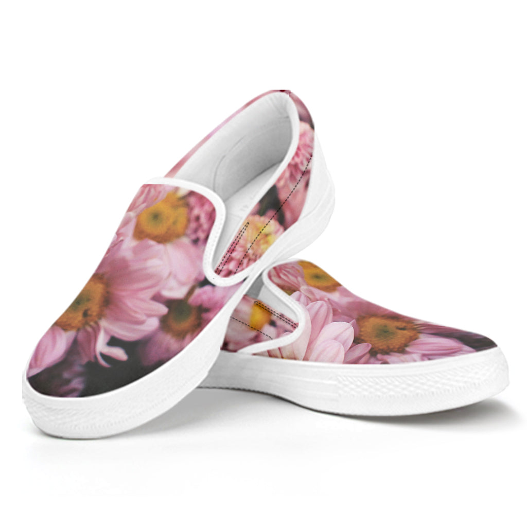 Pink Flowers Print White Slip On Shoes