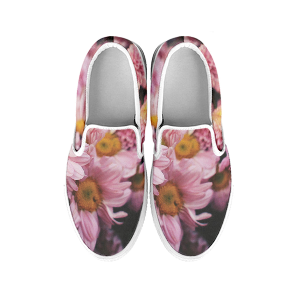 Pink Flowers Print White Slip On Shoes