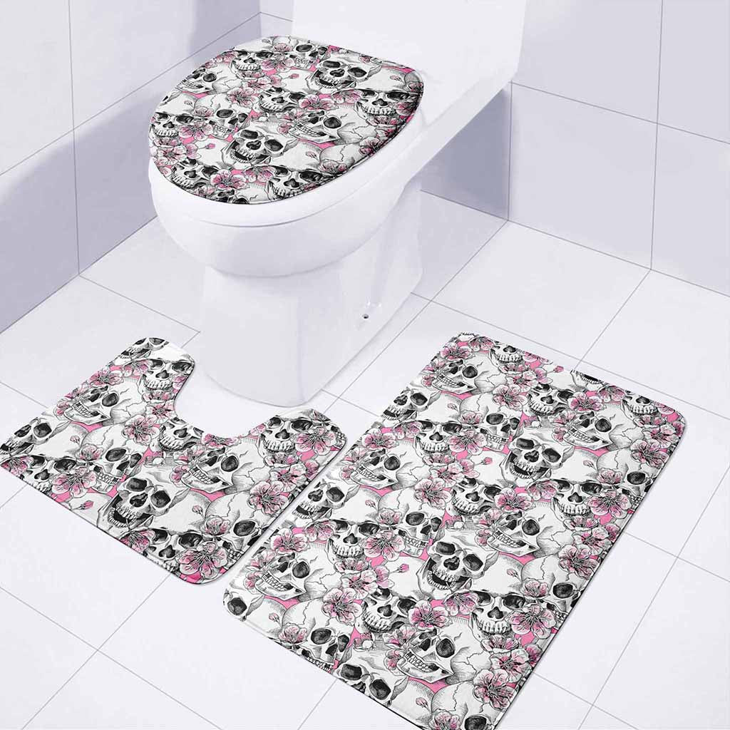 Pink Flowers Skull Pattern Print 3 Piece Bath Mat Set
