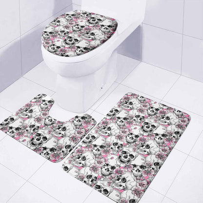 Pink Flowers Skull Pattern Print 3 Piece Bath Mat Set