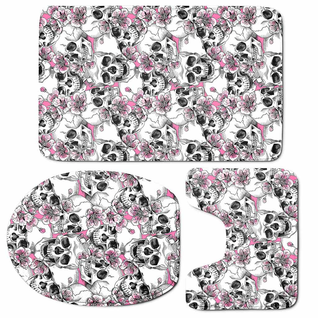 Pink Flowers Skull Pattern Print 3 Piece Bath Mat Set