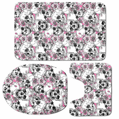 Pink Flowers Skull Pattern Print 3 Piece Bath Mat Set