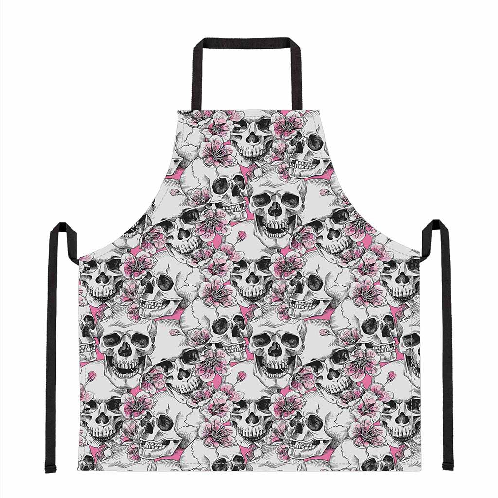 Pink Flowers Skull Pattern Print Apron