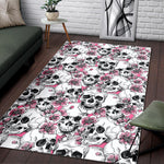Pink Flowers Skull Pattern Print Area Rug GearFrost