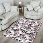 Pink Flowers Skull Pattern Print Area Rug GearFrost