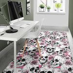Pink Flowers Skull Pattern Print Area Rug GearFrost