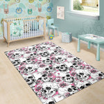 Pink Flowers Skull Pattern Print Area Rug GearFrost