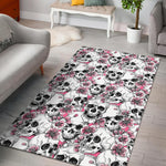 Pink Flowers Skull Pattern Print Area Rug GearFrost