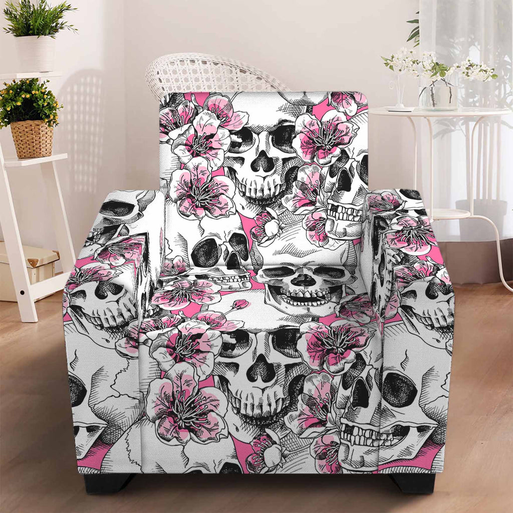 Pink Flowers Skull Pattern Print Armchair Slipcover