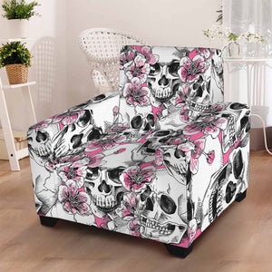 Pink Flowers Skull Pattern Print Armchair Slipcover