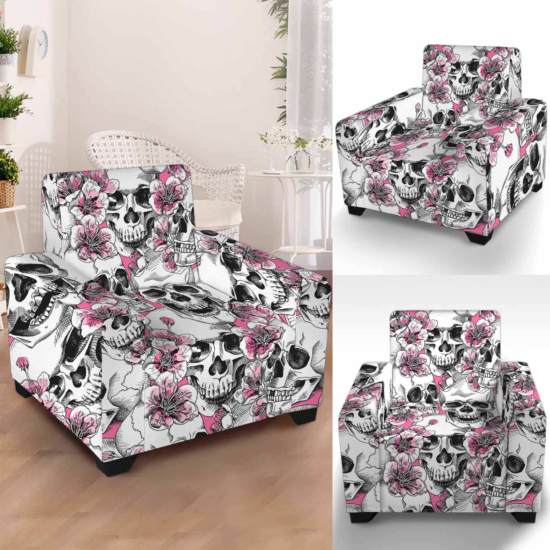 Pink Flowers Skull Pattern Print Armchair Slipcover