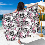 Pink Flowers Skull Pattern Print Beach Sarong Wrap