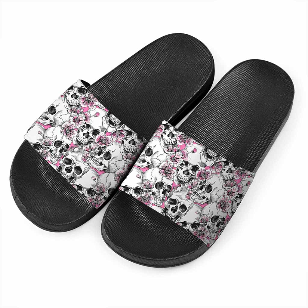 Pink Flowers Skull Pattern Print Black Slide Sandals