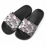 Pink Flowers Skull Pattern Print Black Slide Sandals