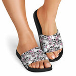 Pink Flowers Skull Pattern Print Black Slide Sandals