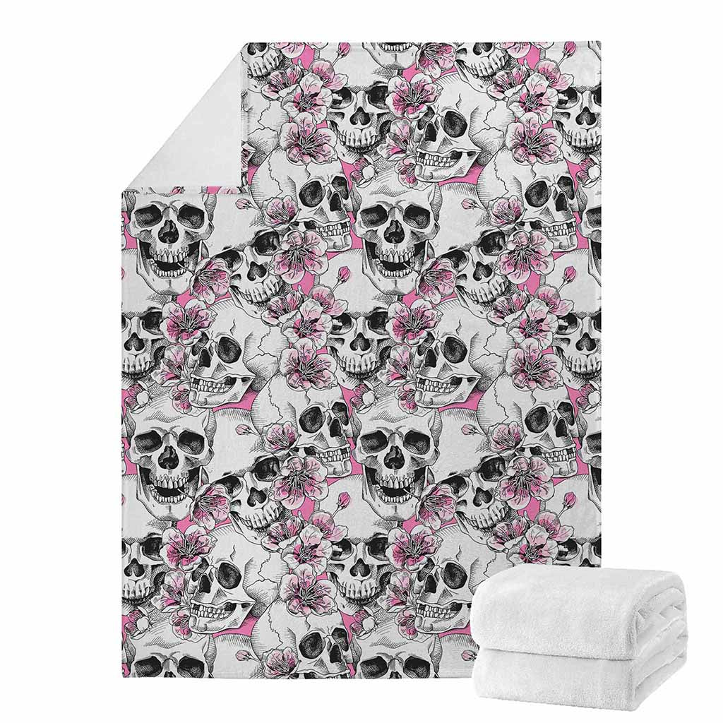 Pink Flowers Skull Pattern Print Blanket