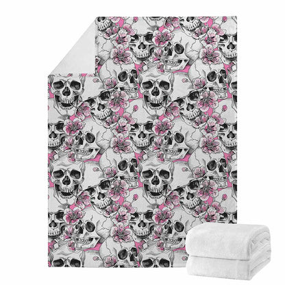 Pink Flowers Skull Pattern Print Blanket