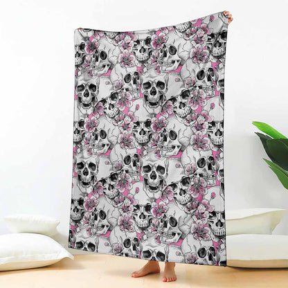 Pink Flowers Skull Pattern Print Blanket
